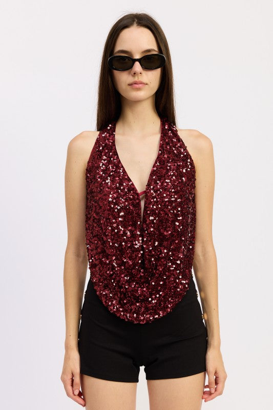 Sequin Cowl Drape Halter Top - Premium variable from Tooksie - Just $61.99! Shop now at Tooksie