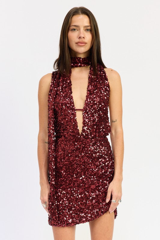 Sequin Halter Scarf Mini Dress - Premium variable from Tooksie - Just $83.99! Shop now at Tooksie