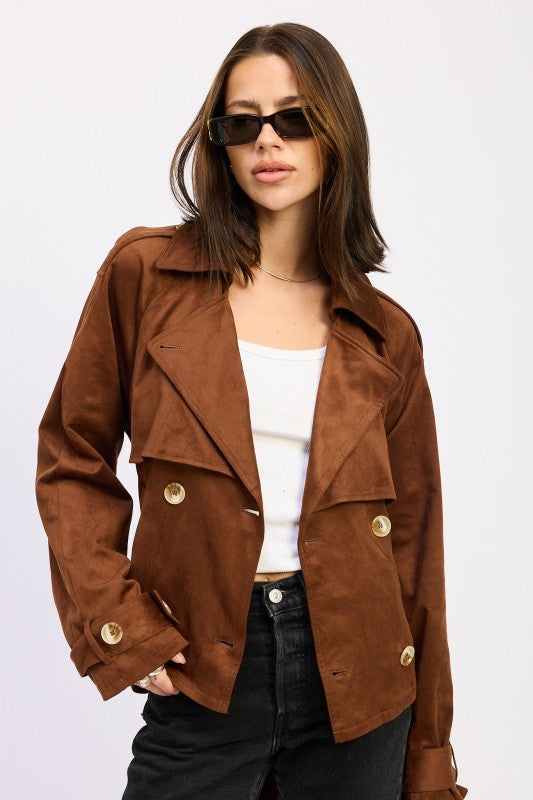 Faux Suede Cropped Trench Coat - Premium variable from Tooksie - Just $96.99! Shop now at Tooksie