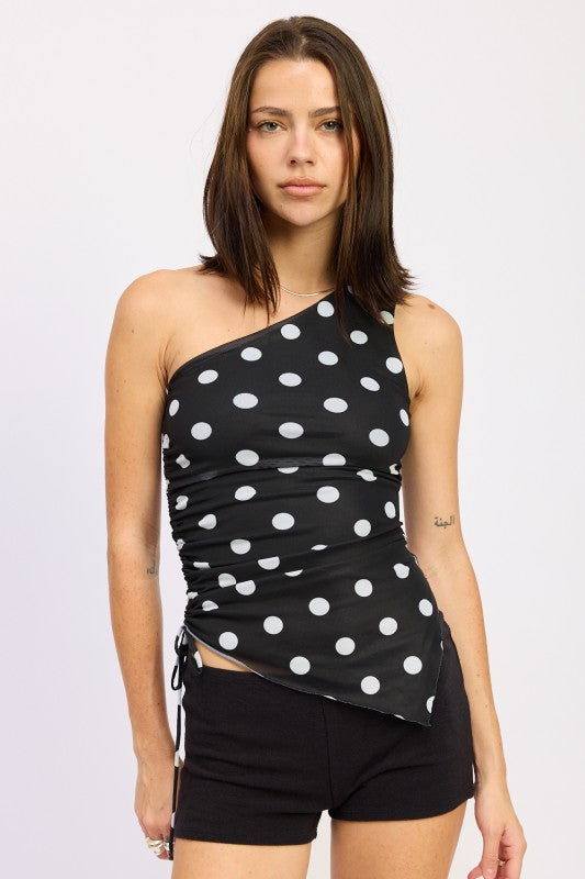 Polka Dot One Shoulder Ruched Top - Premium variable from Tooksie - Just $37.99! Shop now at Tooksie