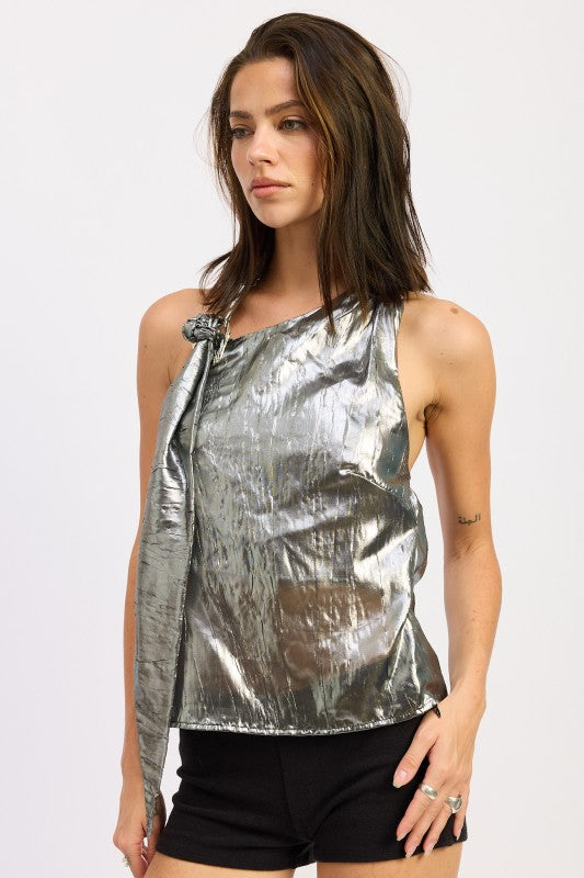 Metallic One Shoulder Top With Scarf Detail - Premium variable from Tooksie - Just $49.99! Shop now at Tooksie