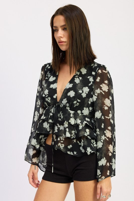 Floral Tie Front Ruffled Blouse - Premium variable from Tooksie - Just $50.99! Shop now at Tooksie