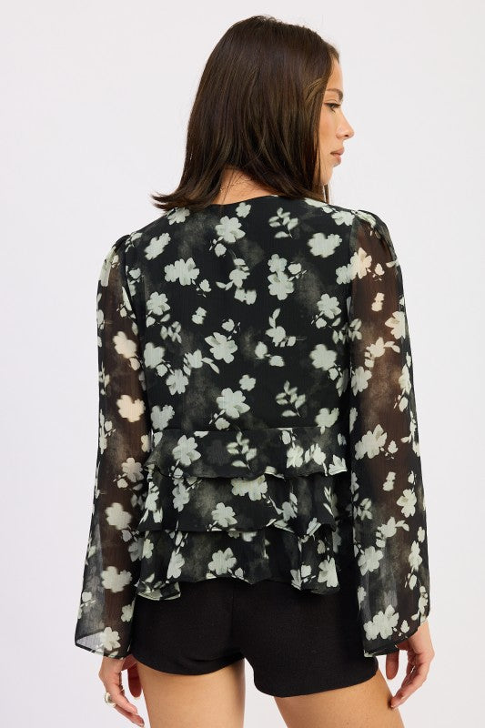 Floral Tie Front Ruffled Blouse - Premium variable from Tooksie - Just $50.99! Shop now at Tooksie