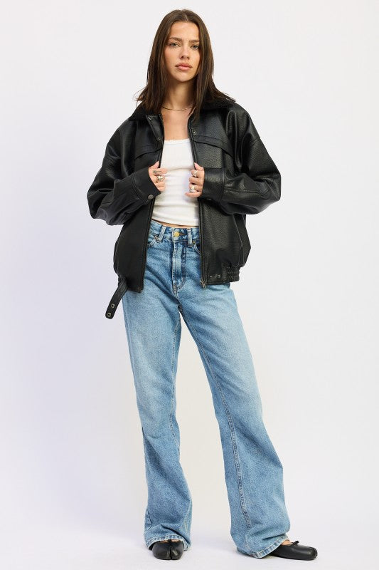 Shearling Collar Faux Leather Jacket - Premium variable from Tooksie - Just $122.99! Shop now at Tooksie