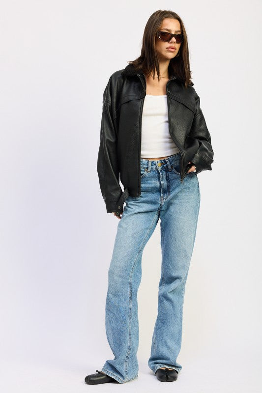 Shearling Collar Faux Leather Jacket - Premium variable from Tooksie - Just $122.99! Shop now at Tooksie