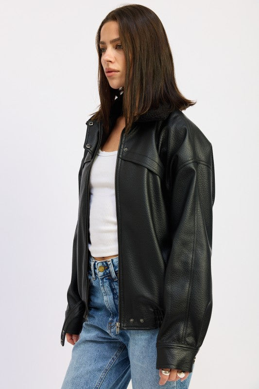 Shearling Collar Faux Leather Jacket - Premium variable from Tooksie - Just $122.99! Shop now at Tooksie