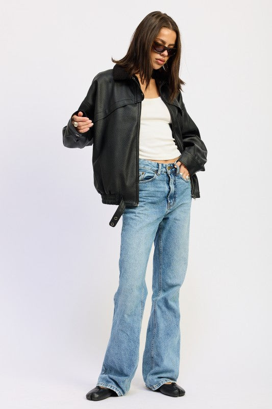 Shearling Collar Faux Leather Jacket - Premium variable from Tooksie - Just $122.99! Shop now at Tooksie