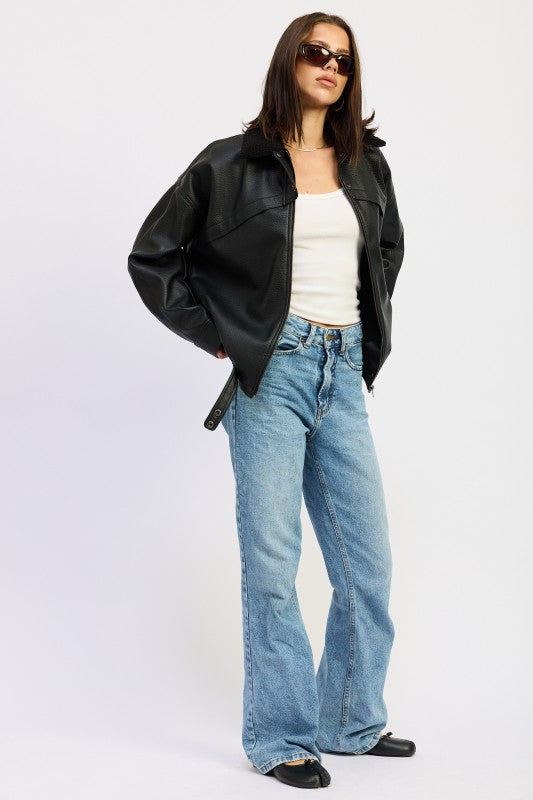 Shearling Collar Faux Leather Jacket - Premium variable from Tooksie - Just $122.99! Shop now at Tooksie