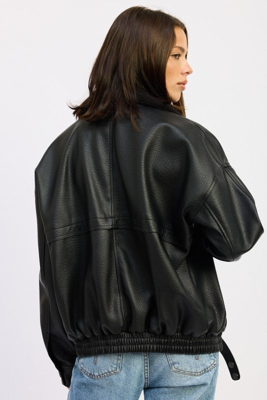 Shearling Collar Faux Leather Jacket - Premium variable from Tooksie - Just $122.99! Shop now at Tooksie