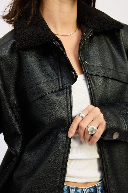 Shearling Collar Faux Leather Jacket - Premium variable from Tooksie - Just $122.99! Shop now at Tooksie
