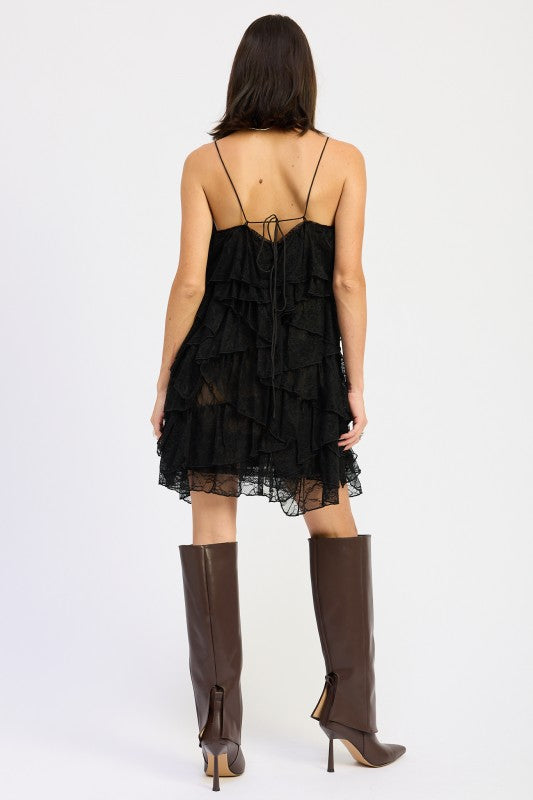 Lace Ruffle Mini Dress With Spaghetti Straps - Premium variable from Tooksie - Just $72.99! Shop now at Tooksie