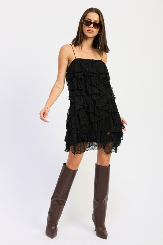 Lace Ruffle Mini Dress With Spaghetti Straps - Premium variable from Tooksie - Just $72.99! Shop now at Tooksie