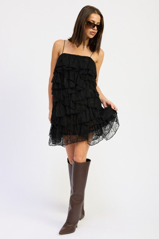 Lace Ruffle Mini Dress With Spaghetti Straps - Premium variable from Tooksie - Just $72.99! Shop now at Tooksie