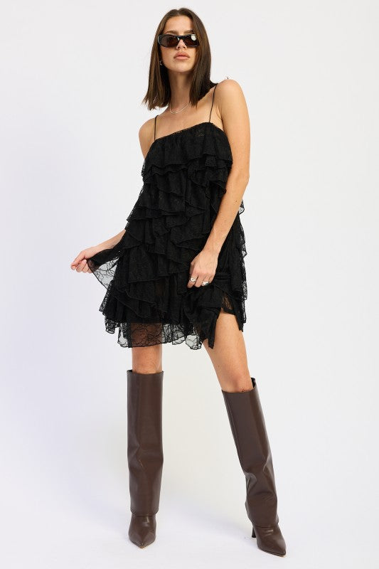 Lace Ruffle Mini Dress With Spaghetti Straps - Premium variable from Tooksie - Just $72.99! Shop now at Tooksie