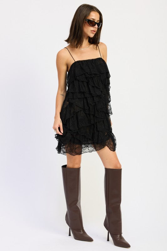 Lace Ruffle Mini Dress With Spaghetti Straps - Premium variable from Tooksie - Just $72.99! Shop now at Tooksie