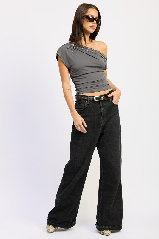 Grommet Belted Asymmetrical Top - Premium variable from Tooksie - Just $58.99! Shop now at Tooksie