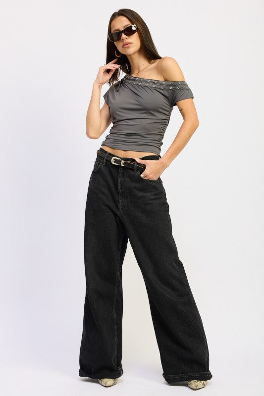 Grommet Belted Asymmetrical Top - Premium variable from Tooksie - Just $58.99! Shop now at Tooksie