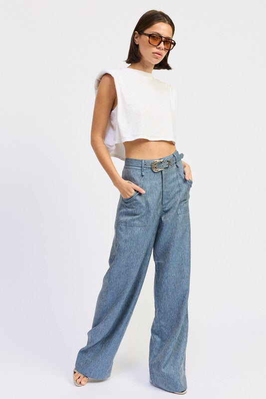 Belted Wide Leg Denim Trousers - Premium variable from Tooksie - Just $65.99! Shop now at Tooksie