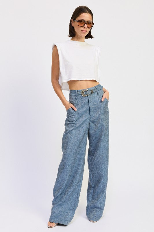 Belted Wide Leg Denim Trousers - Premium variable from Tooksie - Just $65.99! Shop now at Tooksie