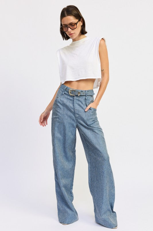 Belted Wide Leg Denim Trousers - Premium variable from Tooksie - Just $65.99! Shop now at Tooksie