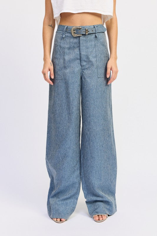 Belted Wide Leg Denim Trousers - Premium variable from Tooksie - Just $65.99! Shop now at Tooksie