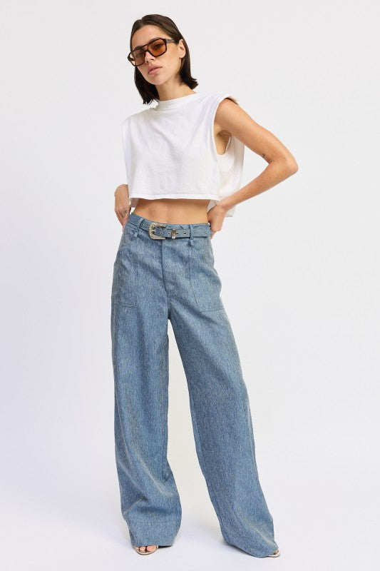 Belted Wide Leg Denim Trousers - Premium variable from Tooksie - Just $65.99! Shop now at Tooksie