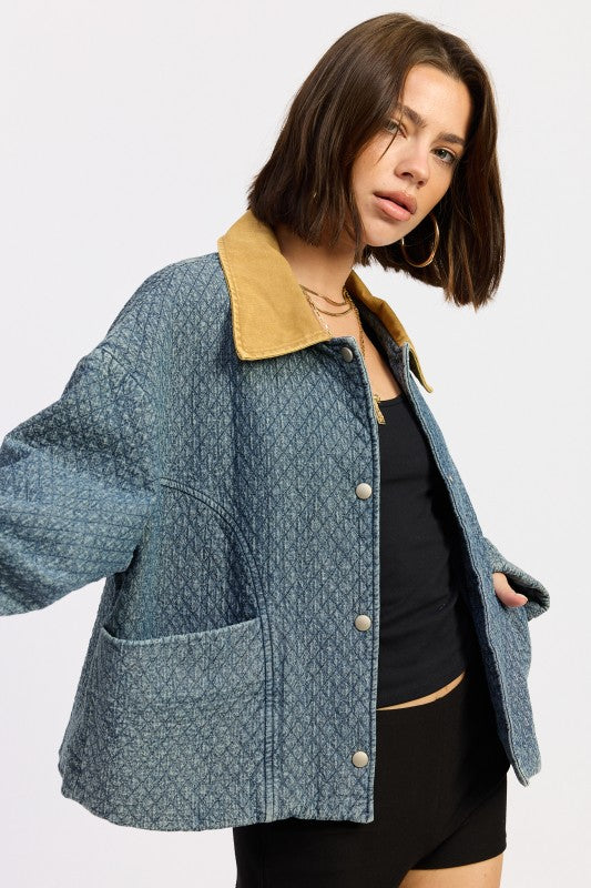Textured Denim Contrast-Collar Jacket - Premium variable from Tooksie - Just $93.99! Shop now at Tooksie