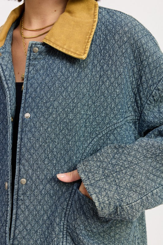 Textured Denim Contrast-Collar Jacket - Premium variable from Tooksie - Just $93.99! Shop now at Tooksie