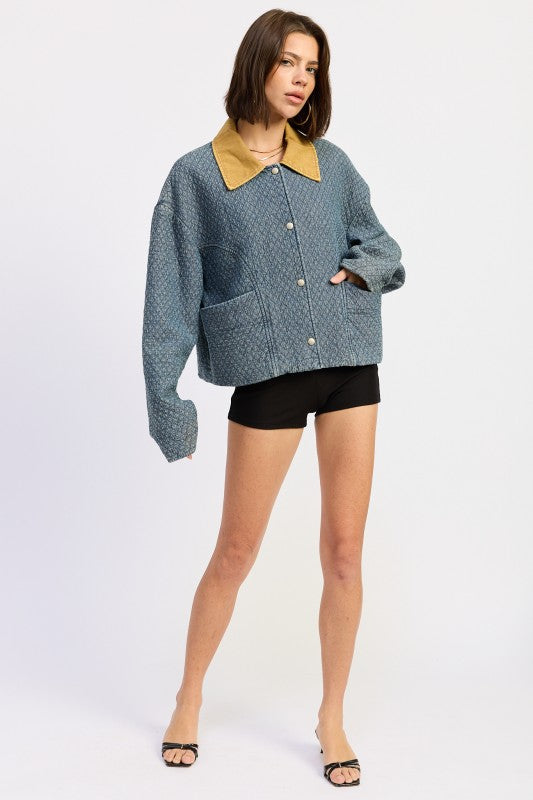 Textured Denim Contrast-Collar Jacket - Premium variable from Tooksie - Just $93.99! Shop now at Tooksie