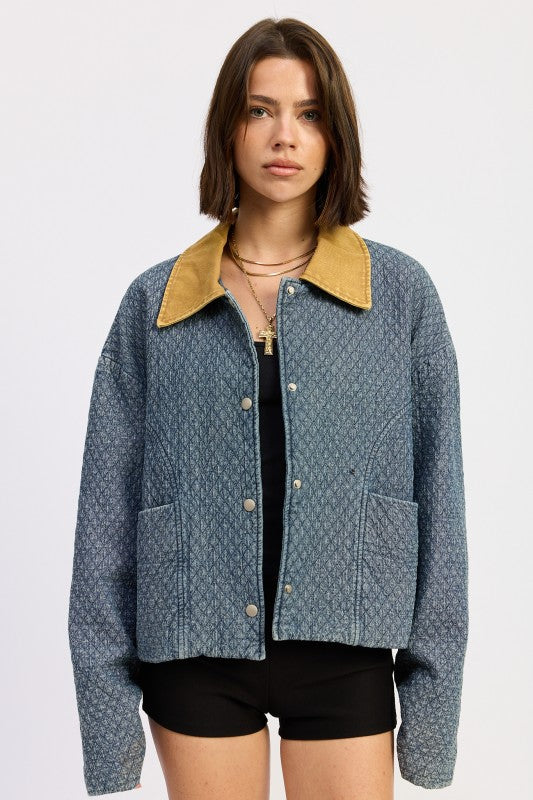 Textured Denim Contrast-Collar Jacket - Premium variable from Tooksie - Just $93.99! Shop now at Tooksie