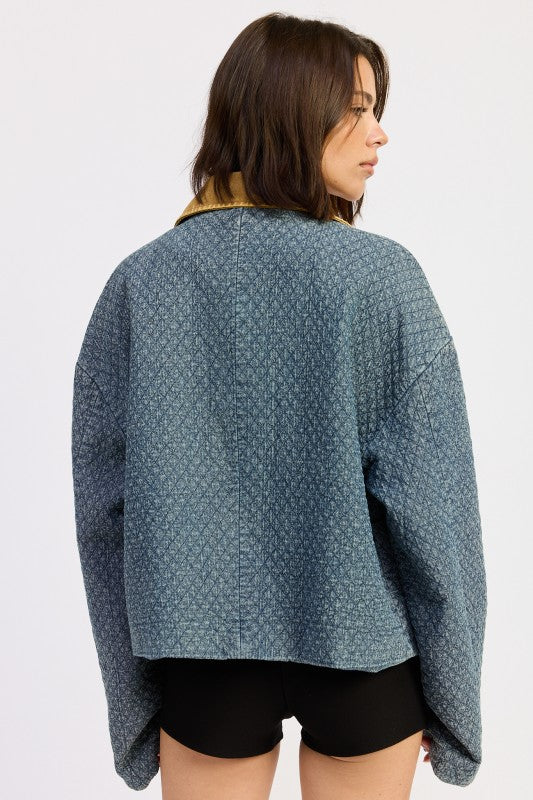 Textured Denim Contrast-Collar Jacket - Premium variable from Tooksie - Just $93.99! Shop now at Tooksie