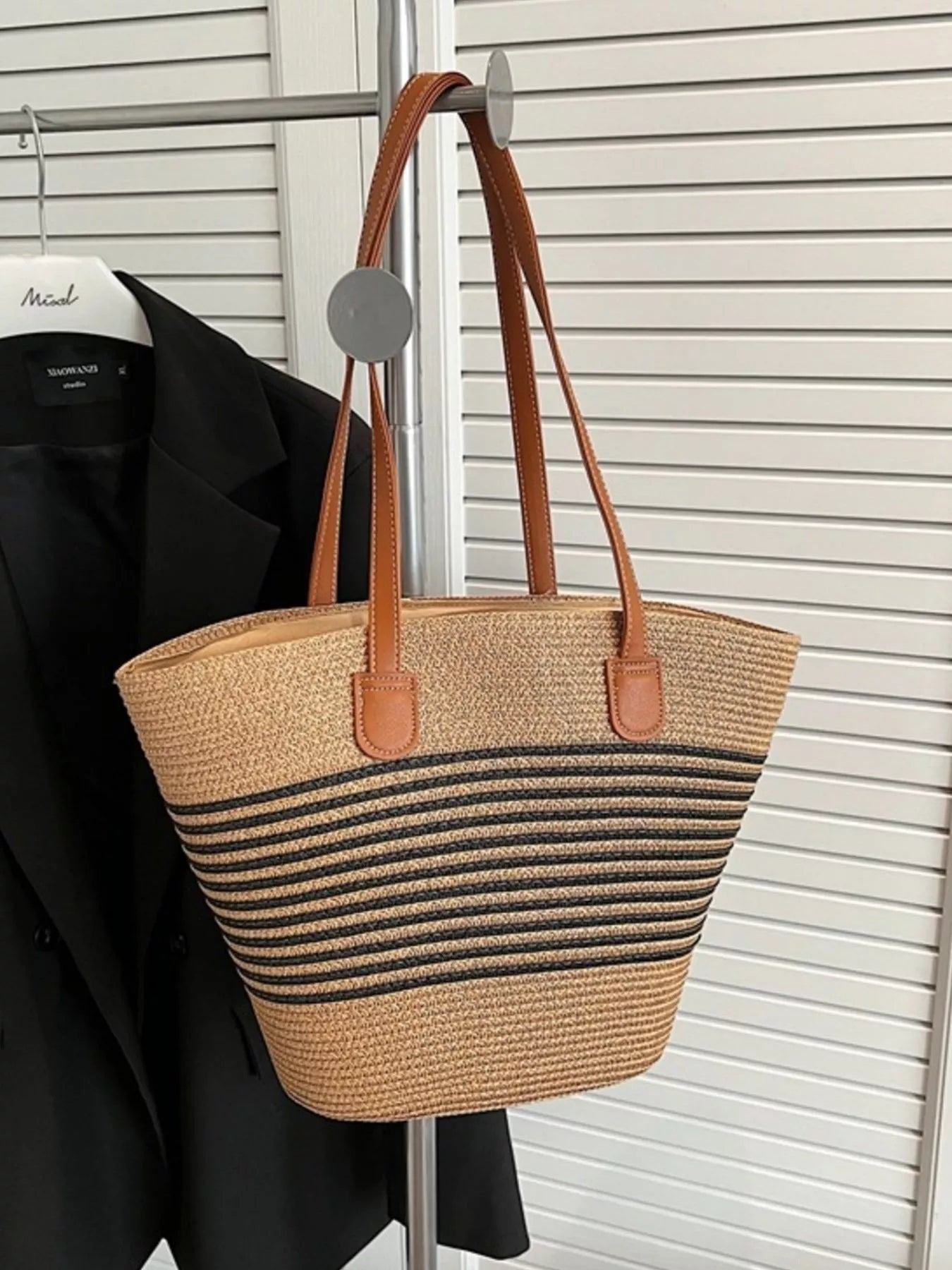 Striped Woven Straw Shoulder Bag - Premium simple from Tooksie - Just $33.99! Shop now at Tooksie