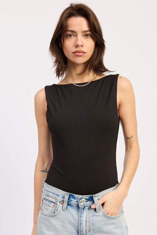 Sleeveless Boat Neck Bodysuit with Back Trim Detail - Premium variable from Tooksie - Just $50.99! Shop now at Tooksie