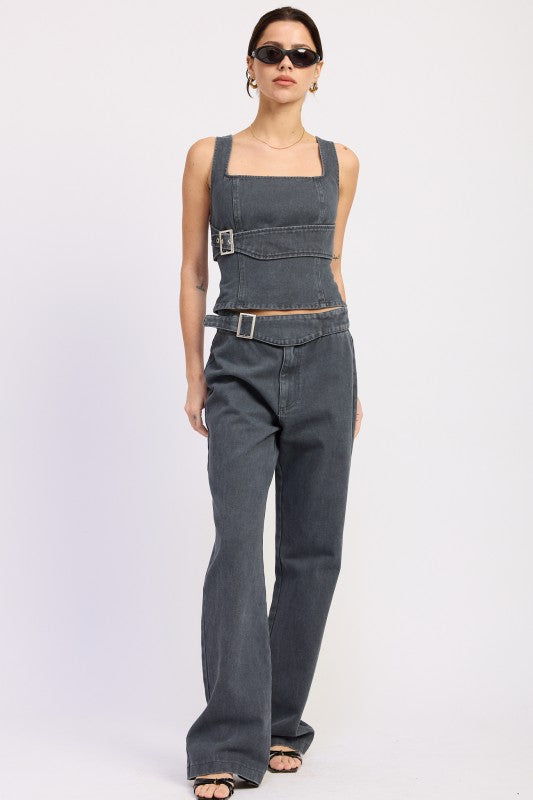 Low Rise Wide Leg Belted Jeans - Premium variable from Tooksie - Just $72.99! Shop now at Tooksie