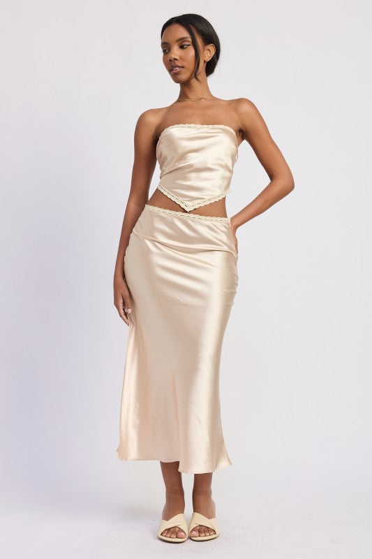 Satin Low Rise Bias Cut Maxi Skirt - Premium variable from Tooksie - Just $53.99! Shop now at Tooksie