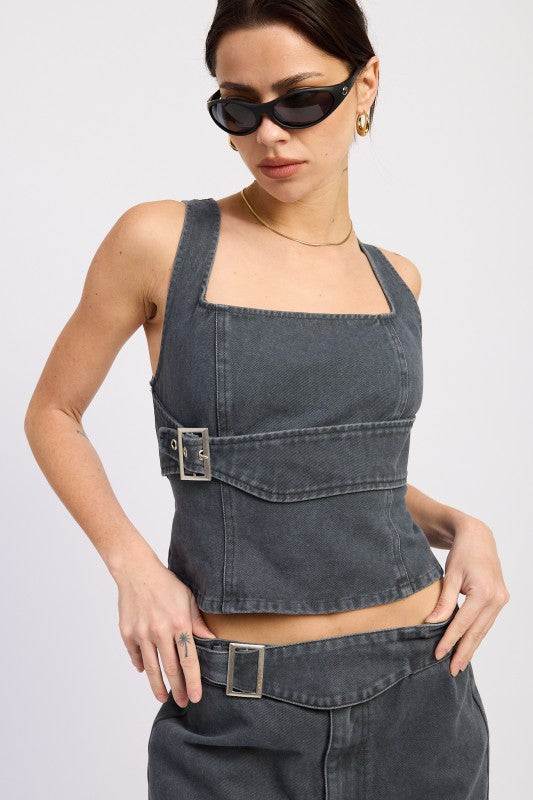 Belted Denim Top - Premium variable from Emory Park - Just $58.99! Shop now at Tooksie
