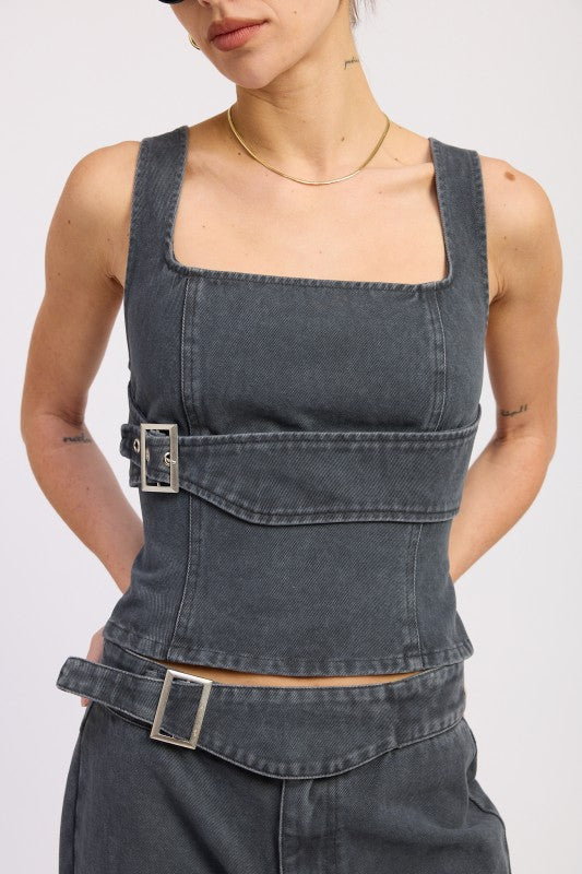 Belted Denim Top - Premium variable from Emory Park - Just $58.99! Shop now at Tooksie
