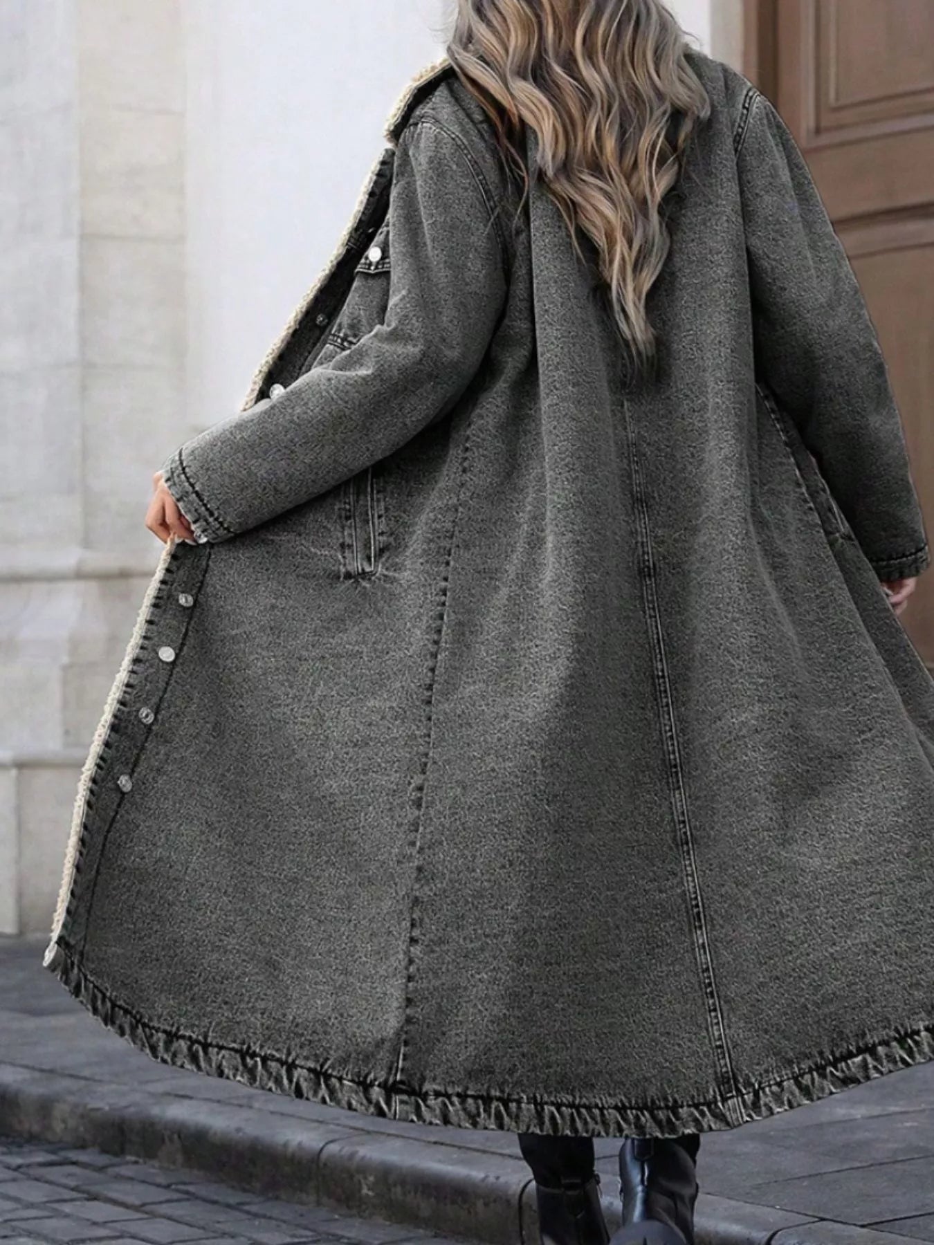 Sherpa Lined Longline Denim Jacket - Premium variable from Tooksie - Just $118.99! Shop now at Tooksie