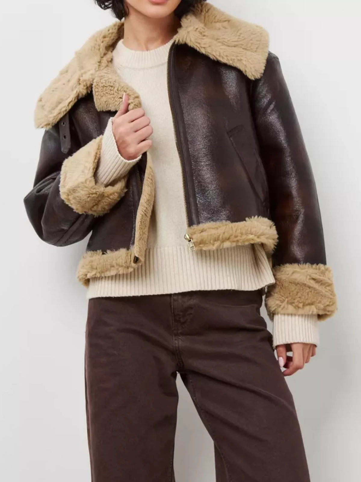 Faux Leather Aviator Jacket with Shearling Trim - Premium variable from Tooksie - Just $120.99! Shop now at Tooksie