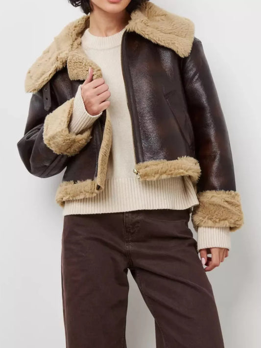 Faux Leather Aviator Jacket with Shearling Trim - Premium variable from Tooksie - Just $120.99! Shop now at Tooksie