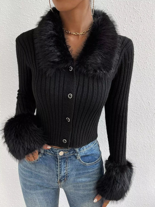 Faux Fur Trim Ribbed Knit Cropped Cardigan - Premium variable from Tooksie - Just $49.99! Shop now at Tooksie