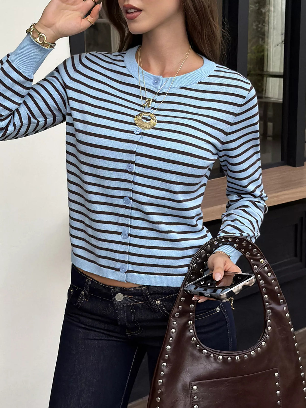 Striped Crew Neck Button-Down Cardigan - Premium variable from Tooksie - Just $48.99! Shop now at Tooksie