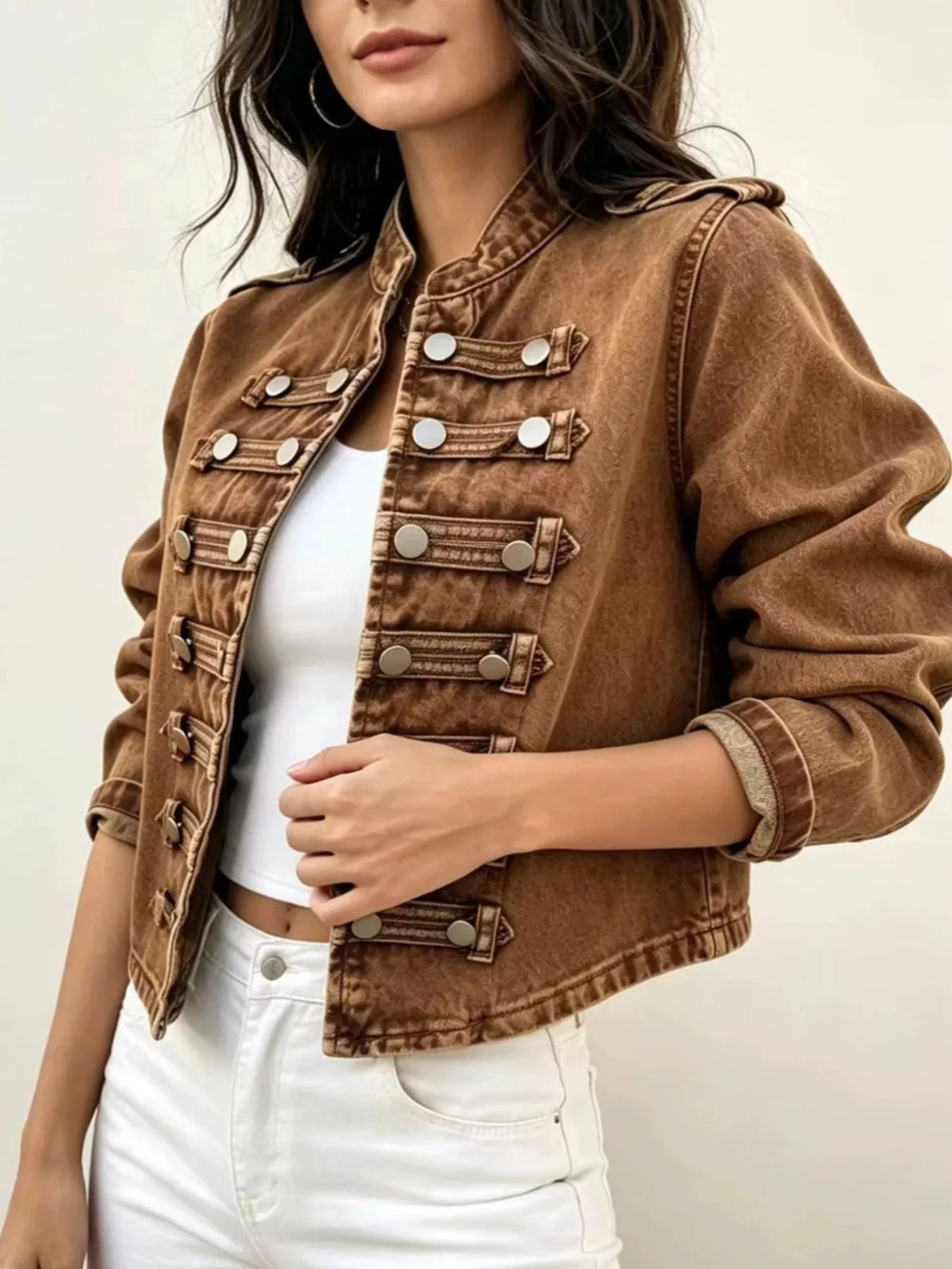 Washed Denim Military Inspired Jacket - Premium variable from Tooksie - Just $78.99! Shop now at Tooksie