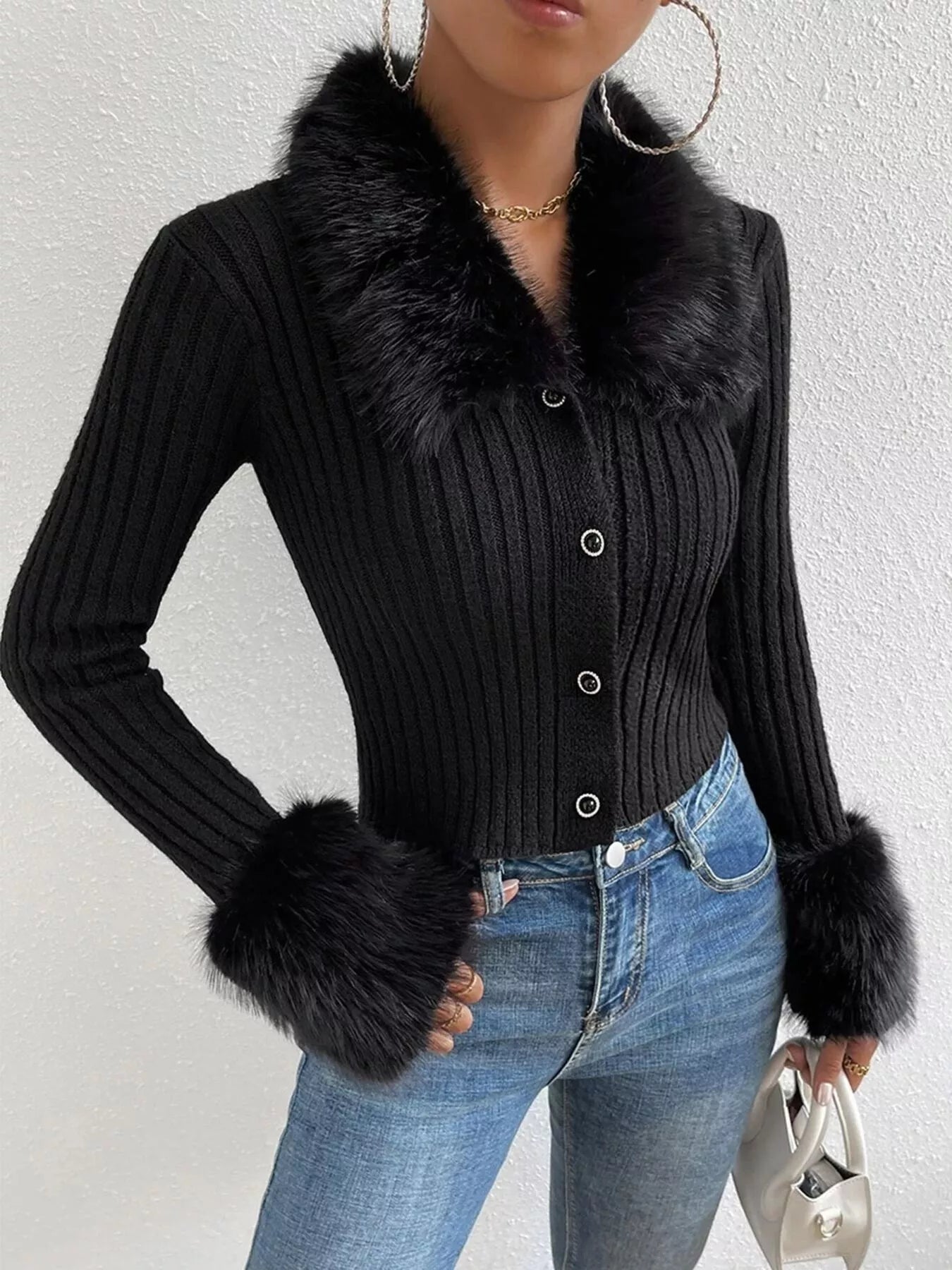 Faux Fur Trim Ribbed Knit Cropped Cardigan - Premium variable from Tooksie - Just $49.99! Shop now at Tooksie