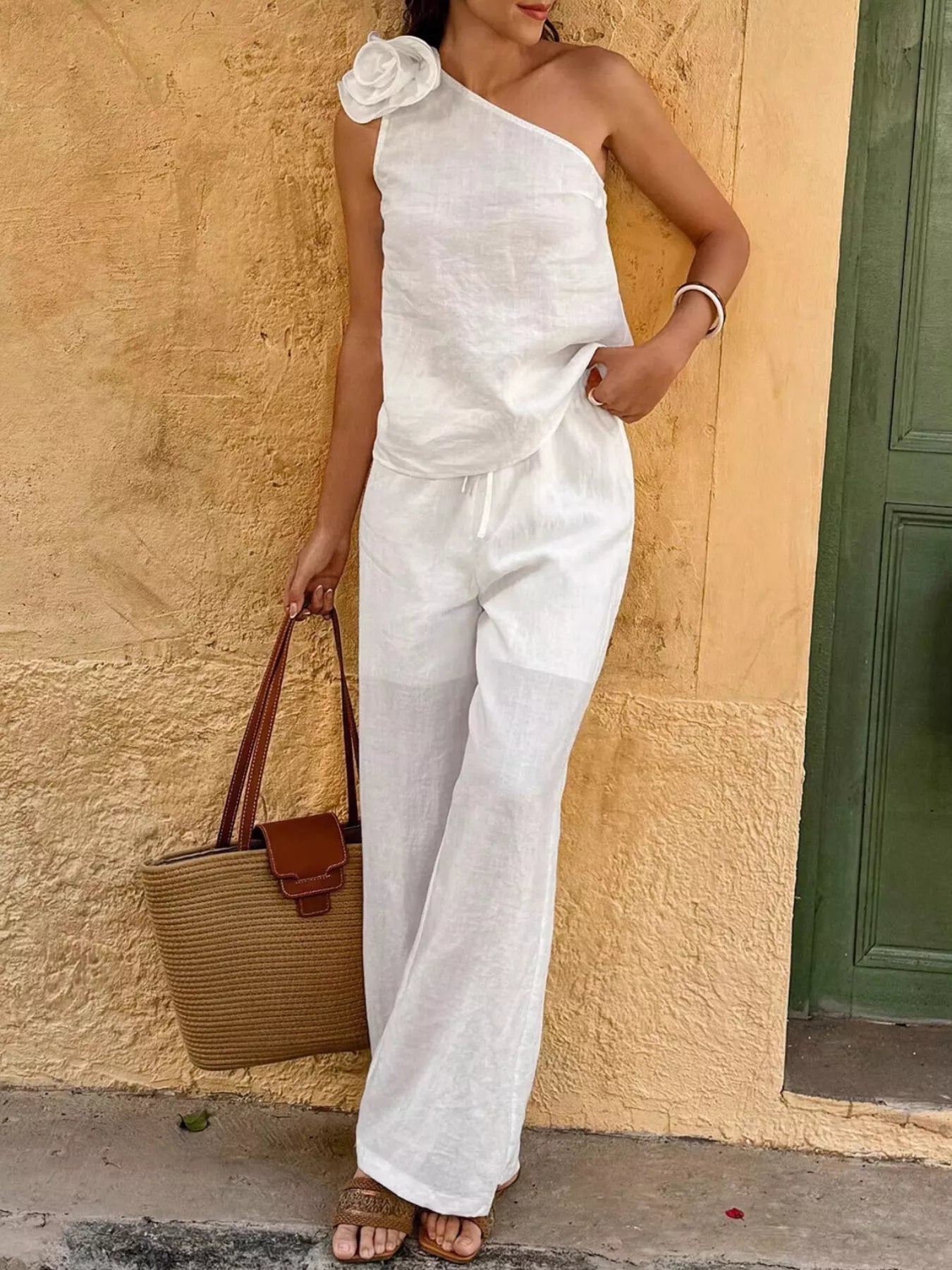 One-Shoulder Floral Embellished Top and Trouser Set - Premium variable from Tooksie - Just $46.99! Shop now at Tooksie