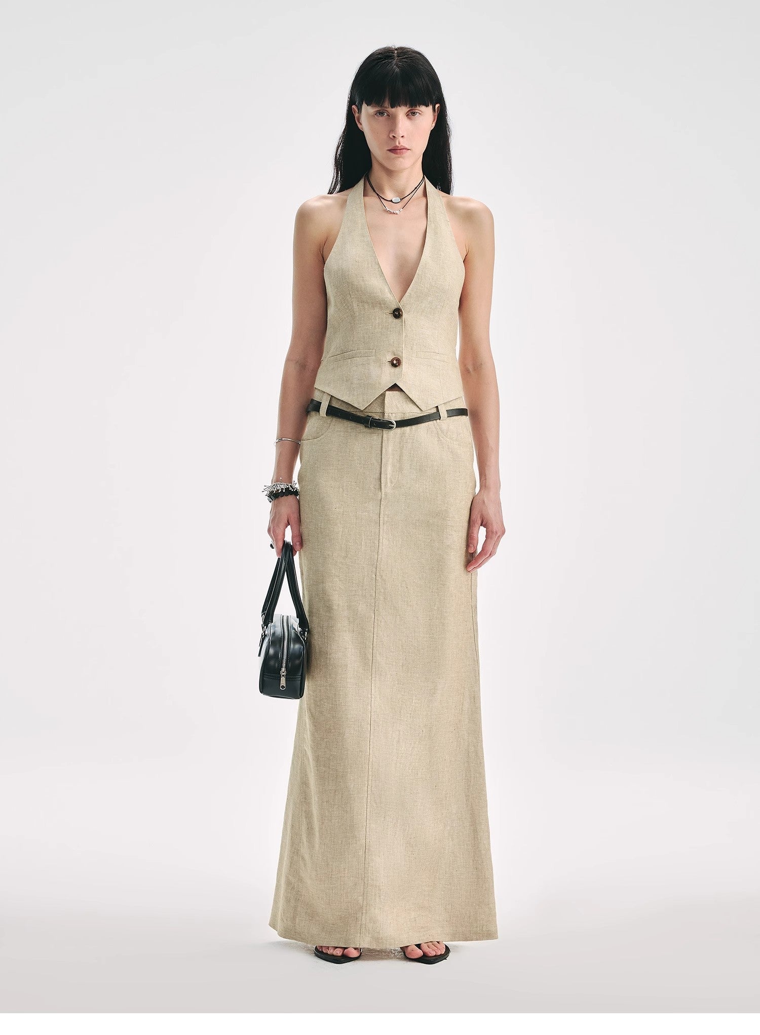 Linen V-Neck Halter Vest and Fishtail Skirt Set - Premium variable from Tooksie - Just $82.99! Shop now at Tooksie