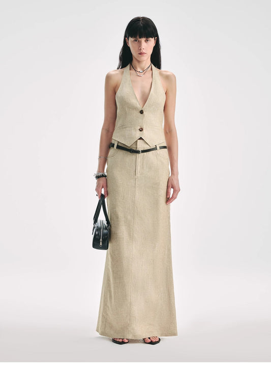 Linen V-Neck Halter Vest and Fishtail Skirt Set - Premium variable from Tooksie - Just $82.99! Shop now at Tooksie