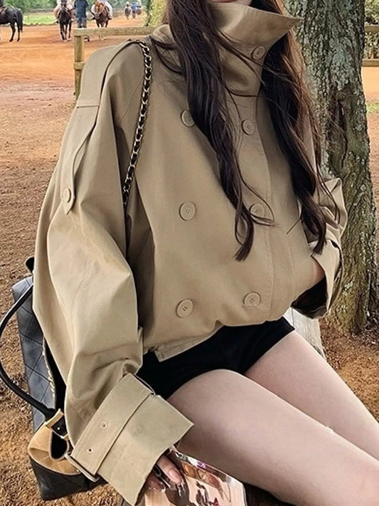Double-Breasted Cropped Trench Coat - Premium variable from Tooksie - Just $56.99! Shop now at Tooksie