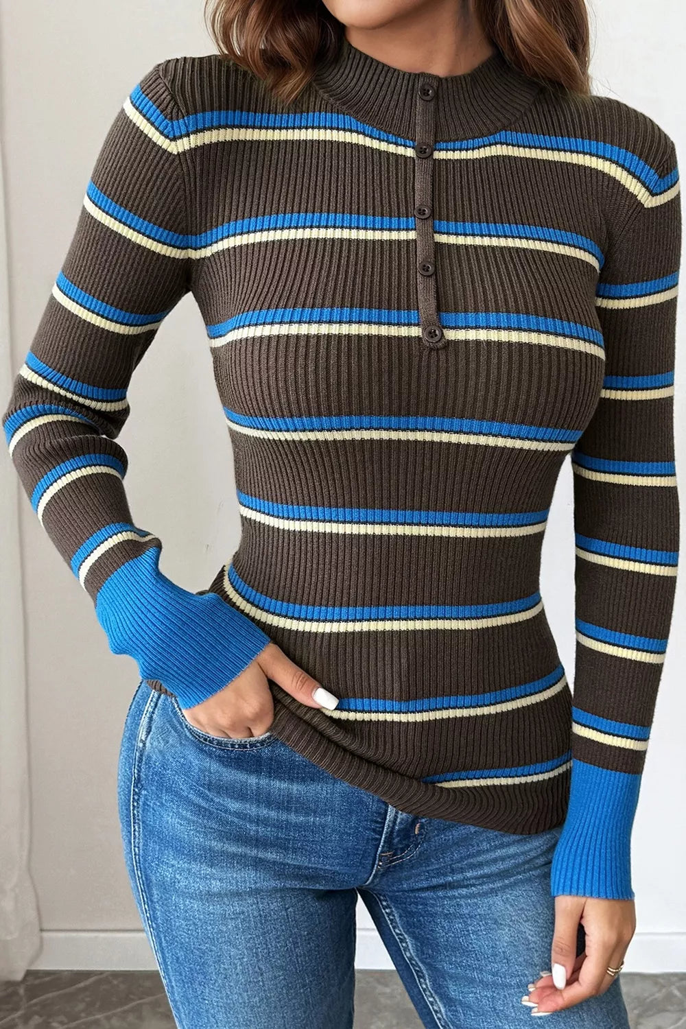 Ribbed Knit Contrast Cuff Henley Sweater - Premium variable from Tooksie - Just $45.99! Shop now at Tooksie