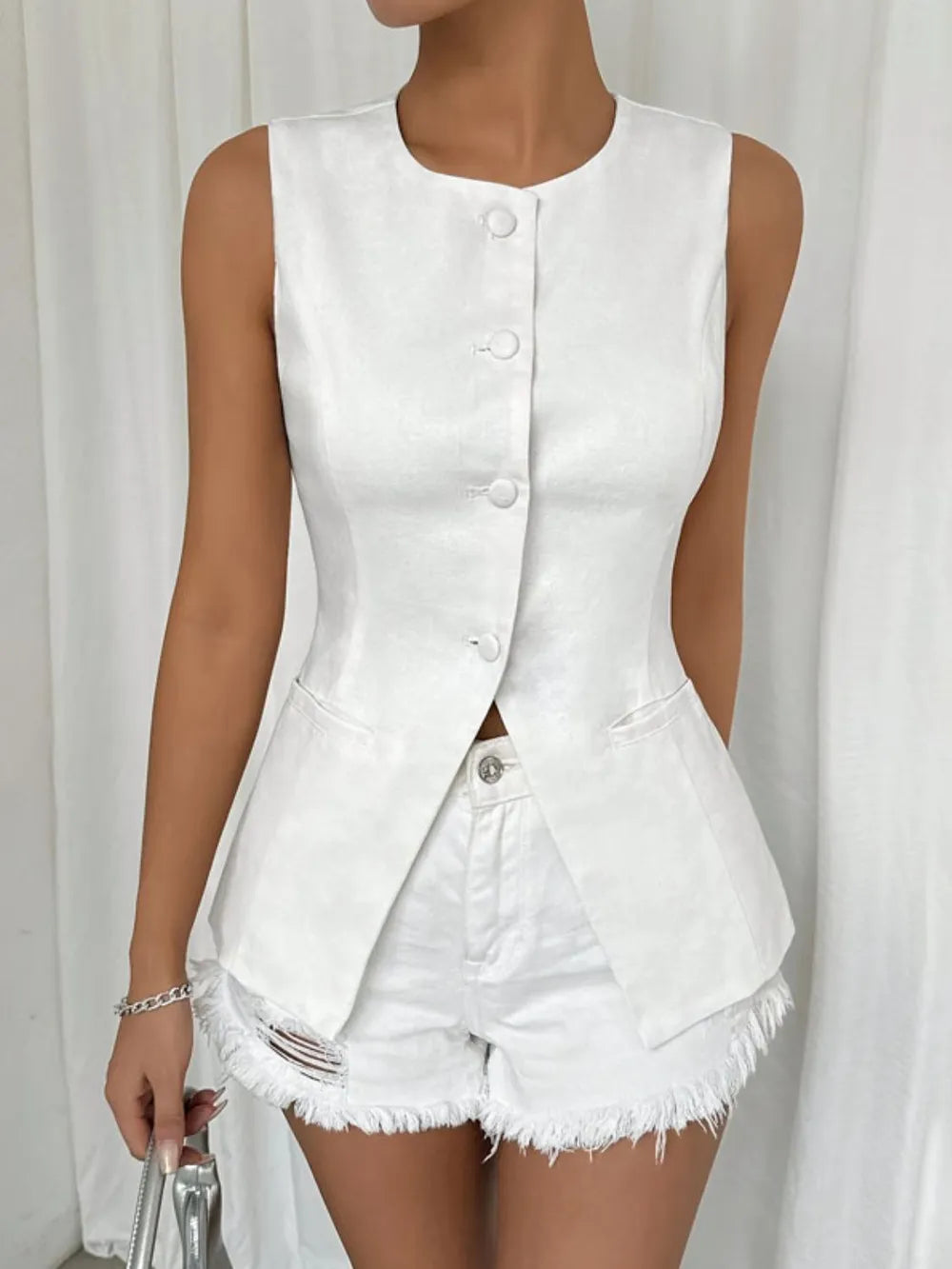 Button Down Round Neck Vest - Premium variable from Tooksie - Just $56.99! Shop now at Tooksie